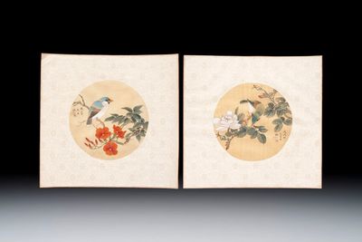 Two Chinese silk paintings with birds on blossoming branches, signed Shi Ren 施仁, dated 1898
