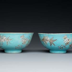 Two Chinese turquoise-ground grisaille-decorated Dayazhai bowls, Yong Qing Chang Chun 永慶長春 mark, Guangxu — 照片 3