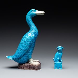 Two Chinese white-glazed Bodhisattva, a sancai-glazed duck and a turquoise-glazed lion, 20th C. — photo 17