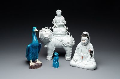 Two Chinese white-glazed Bodhisattvas, a sancai-glazed duck and a turquoise-glazed lion, 20th C.