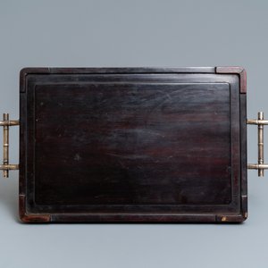 Two Chinese wooden trays with engraved silver plaques and bamboo-shaped handles, 19th C. — photo 3