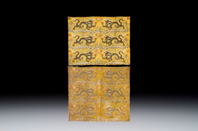 Two Chinese yellow-ground kesi silk 'Dragon' panels, late Ming — photo 1