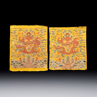 Two Chinese yellow-ground seed-stitch embroidered 'Dragon' panels, 19th C.