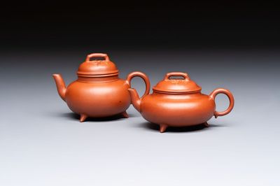 Two Chinese Yixing stoneware teapots and covers, Mengchen 孟臣 marks, 19th C.