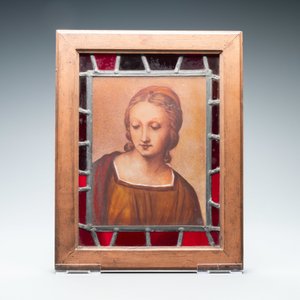 Two composite stained and painted glass windows with a monk and a female bust after Raphaël, 19th C. — photo 8