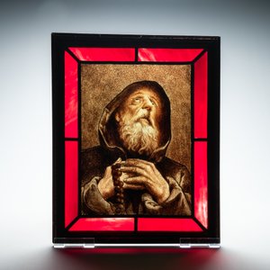 Two composite stained and painted glass windows with a monk and a female bust after Raphaël, 19th C. — photo 12