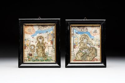 Two devotional collages with St. Anne and the Virgin Mary, aquarel and textile on paper, probably Antwerp, 18th C.