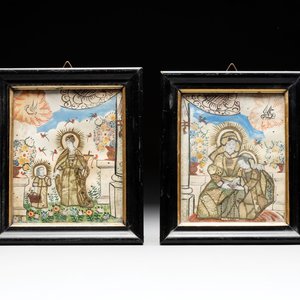 Two devotional collages with St. Anne and the Virgin Mary, aquarel and textile on paper, probably Antwerp, 18th C. — photo 1
