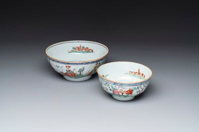 Two Dutch-decorated Chinese blue and white bowls with figures and landscapes, Qianlong