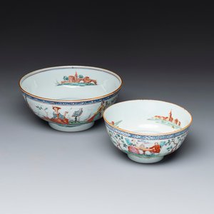 Two Dutch-decorated Chinese blue and white bowls with figures and landscapes, Qianlong — 照片 1