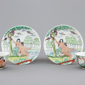 Two Dutch-decorated Chinese porcelain cups and saucers depicting Adam and Eve, ca. 1730 — photo 1
