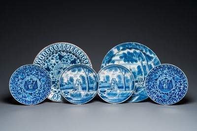 Two Dutch Delft blue and white dishes and two pairs of plates, 18th C.