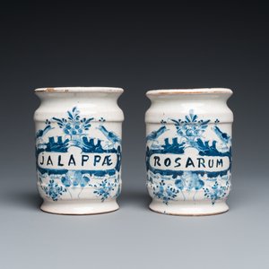 Two Dutch Delft blue and white drug jars and a polychrome Brussels faience dish with a rider on horseback, 18th C. — photo 3