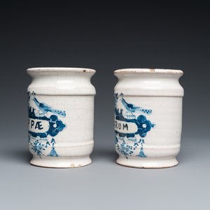 Two Dutch Delft blue and white drug jars and a polychrome Brussels faience dish with a rider on horseback, 18th C. — photo 4