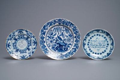 Two Dutch Delft blue and white proverb plates and a dish, 18th C.