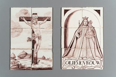 Two Dutch Delft manganese tile murals with 'The Crucifixion' and 'The Madonna with Child', probably Rotterdam, 2nd half 18th C.