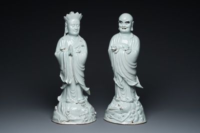 Two exceptionally tall Chinese white-glazed sculptures of Luohan, Qianlong/Jiaqing