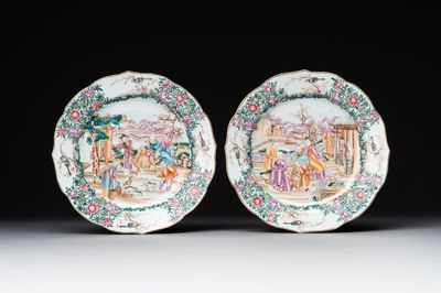 Two fine Chinese Canton famille rose 'mandarin subject' plates, Qianlong