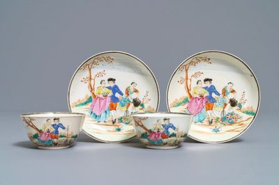 Two fine Chinese famille rose 'European subject' cups and saucers, Qianlong