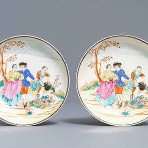 Two fine Chinese famille rose 'European subject' cups and saucers, Qianlong — 照片 2