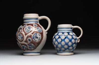 Two globular Westerwald stoneware jugs, Germany, 17/18th C.