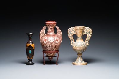 Two Hispano-Moresque lustre-glazed 'Alhambra' vases and a stone-inlaid wooden vase, Spain and Northern Africa, 19/20th C.