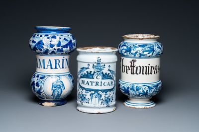 Two Italian and one Dutch Delft blue and white pharmacy jars, 17/18th C.