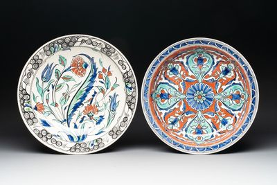 Two Iznik style dishes, Boch Frères Keramis and Nimy, 1st half 20th C.