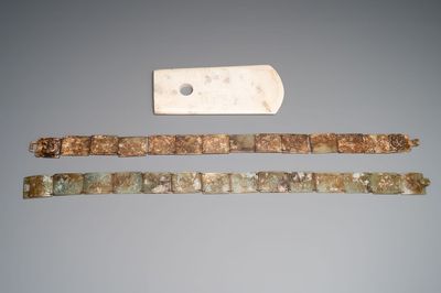 Two jade belts and a jade ritual axe, 20th C.