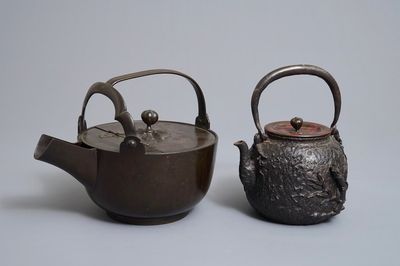Two Japanese cast iron and bronze tetsubin kettles, Meiji, 19th C.