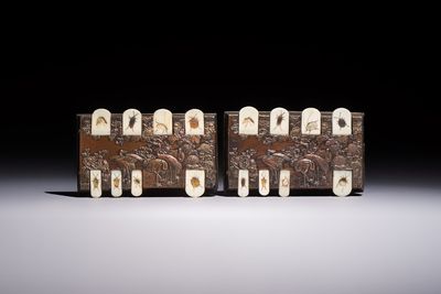 Two Japanese copper and shibayama whist markers, Meiji, 19/20th C.