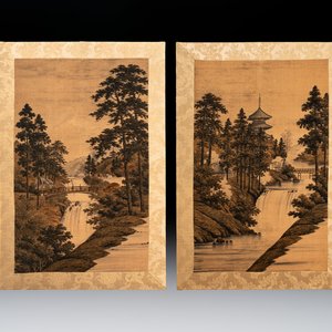 Two Japanese embroidered silk panels with landscape design, Meiji, 19th C. — foto 1