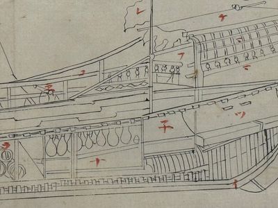 Two Japanese ink drawings of French warship structure diagrams, 19th C. — foto 18