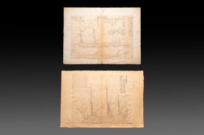 Two Japanese ink drawings of French warship structure diagrams, 19th C.