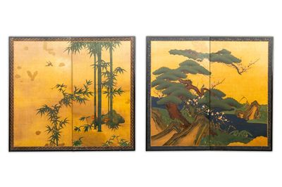 Two Japanese two-fold 'byobu' screens, Meiji, 19th C.
