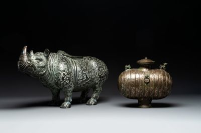 Two large Chinese archaistic bronze rhino- and melon-form vessels, 20th C.