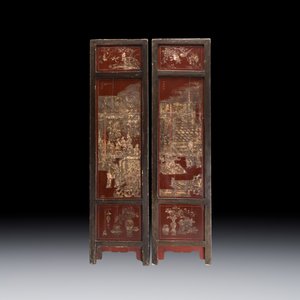 Two large Chinese coromandel lacquer panels with narrative and bird design, signed Huang Enchang 黃恩長, Qianlong, dated 1756 — photo 2