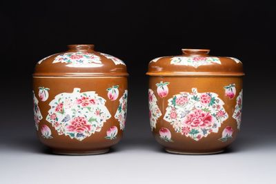 Two large Chinese famille rose capucin-ground covered bowls, Qianlong