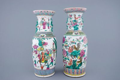Two large Chinese famille rose vases with roosters and a Guanyin, 19th C.