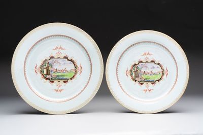 Two large Chinese Meissen-style export dishes with a hunting scene, Qianlong