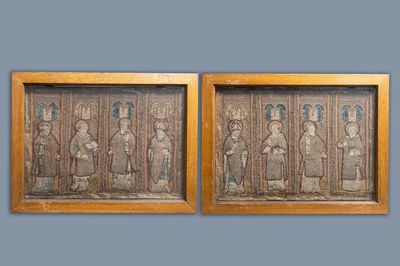 Two large linen, silk- and silverthread orphrey fragments depicting saints below arcatures, Spain, early 17th C.