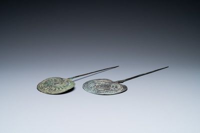Two large Luristan bronze disc-headed clothing pins, Iran, 1st millenium BC