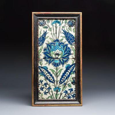 Two large polychrome Damascus pottery tiles with a flower, Syria, 17th C.