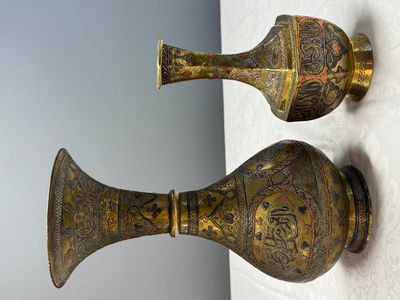 Two Mamluk-style mixed metal brass vases — photo 2