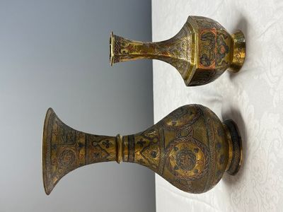 Two Mamluk-style mixed metal brass vases — photo 3