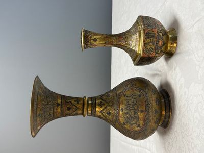 Two Mamluk-style mixed metal brass vases — photo 4