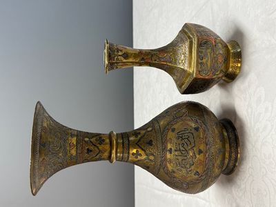 Two Mamluk-style mixed metal brass vases — photo 6