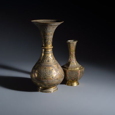 Two Mamluk-style mixed metal brass vases, Egypt or Syria, 19/20th C.