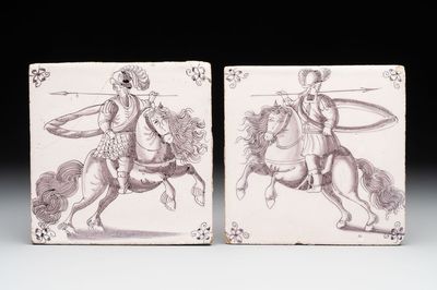 Two manganese Dutch Delft tiles with horse riders, 18th C.