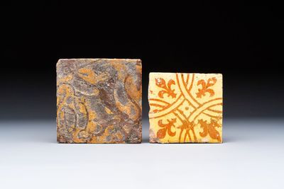 Two medieval slip-decorated tiles, Flanders, 15/16th C.